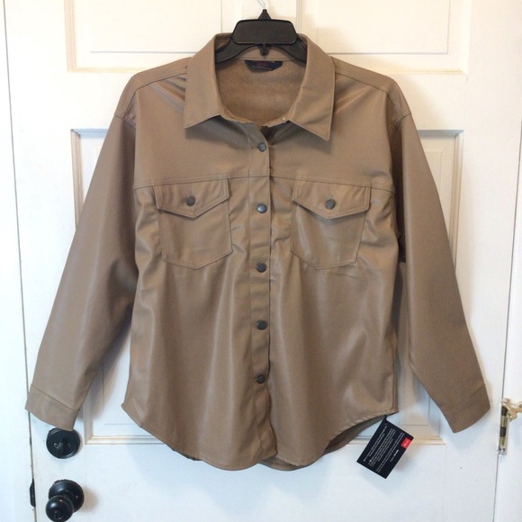 Excuse Womens Tan Faux Leather Lightweight Layering Button Up Jacket Top Large - Picture 1 of 9